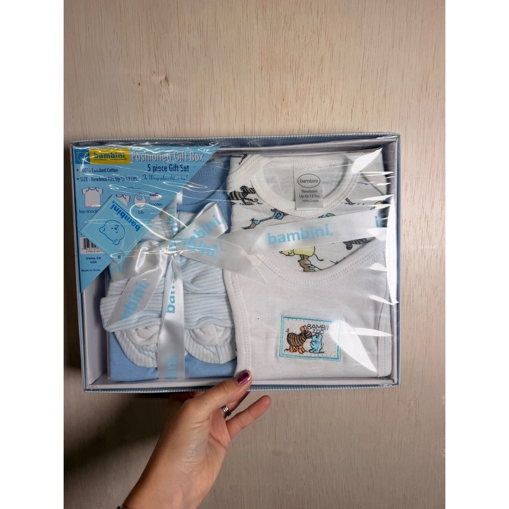 Bambini‎ 5 Piece Gift Set Newborn Blue Excellent NIB Combed Cotton Animal Print